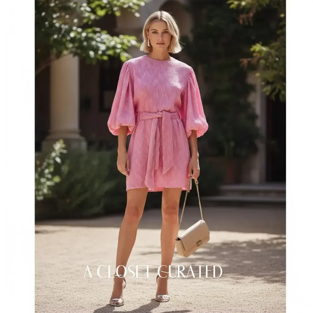 Ganni Pleated Satin Mini Dress Pink 8